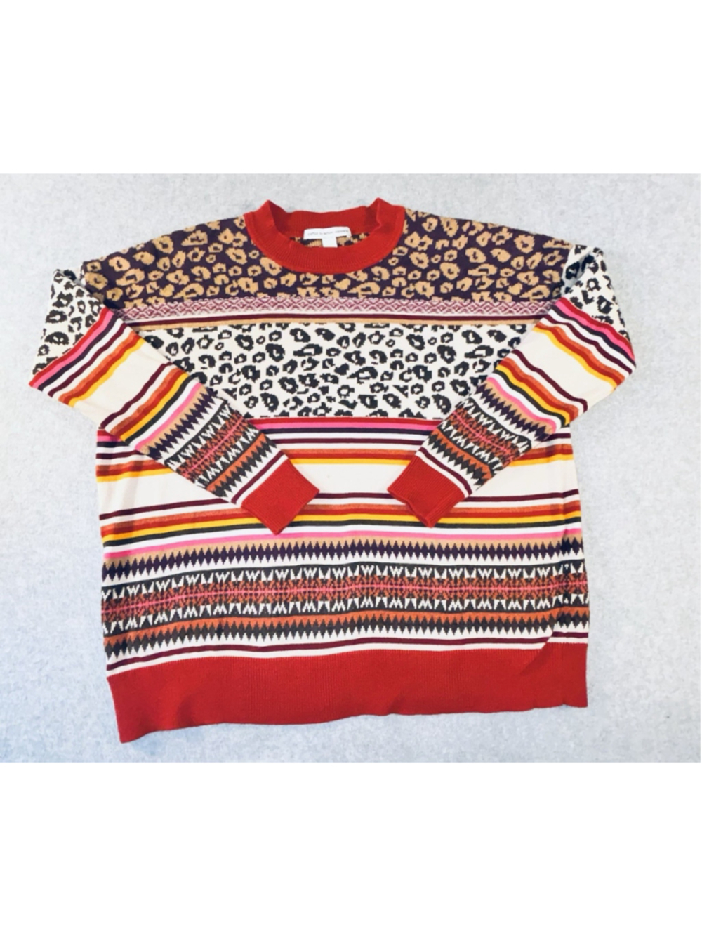 Cotton by Autumn Cashmere Sweater Women’s XS Leopard Fair Isle Stripe Red